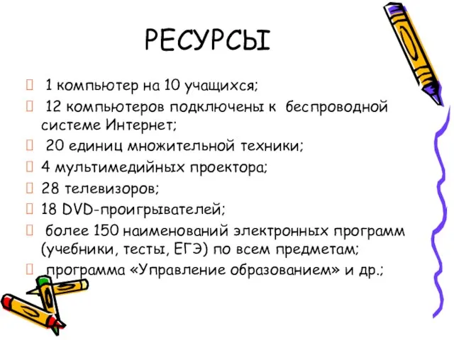 РЕСУРСЫ 1 компьютер на 10 учащихся; 12 компьютеров подключены к беспроводной системе