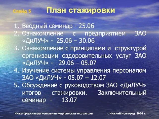 Нижегородская региональная медицинская ассоциация г. Нижний Новгород. 2004 г. Слайд 5 План