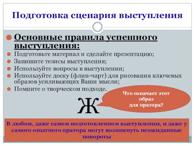 Подготовка сценария выступления Основные правила успешного выступления: Подготовьте материал и сделайте презентацию;