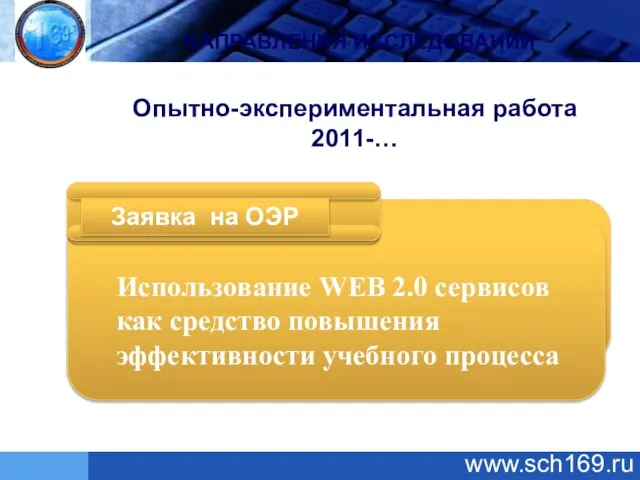 НАПРАВЛЕНИЯ ИССЛЕДОВАНИЙ Опытно-экспериментальная работа 2011-… Использование WEB 2.0 сервисов как средство повышения эффективности учебного процесса www.sch169.ru