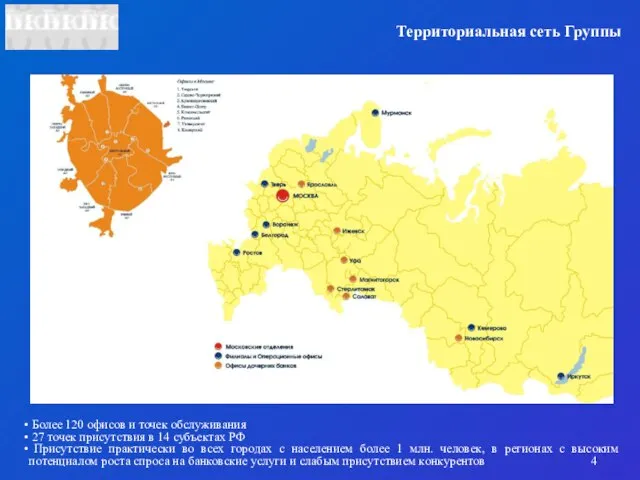 Территориальная сеть Группы Более 120 офисов и точек обслуживания 27 точек присутствия