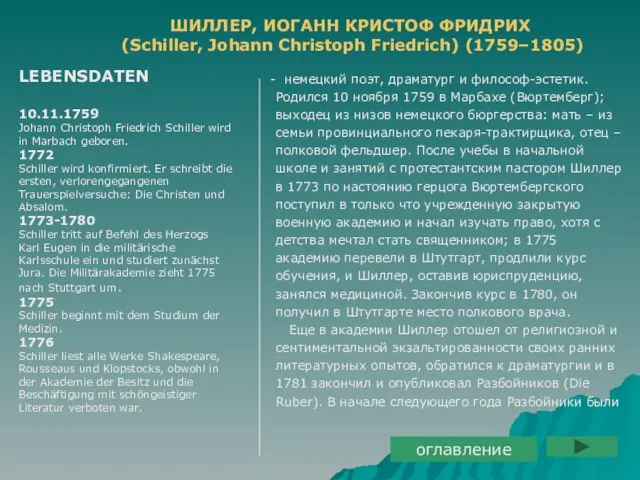 немецкий поэт, драматург и философ-эстетик. Родился 10 ноября 1759 в Марбахе (Вюртемберг);