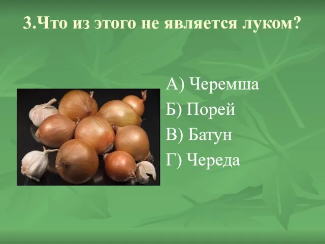 3.Что из этого не является луком? А) Черемша Б) Порей В) Батун Г) Череда