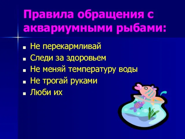 Правила обращения с аквариумными рыбами: Не перекармливай Следи за здоровьем Не меняй