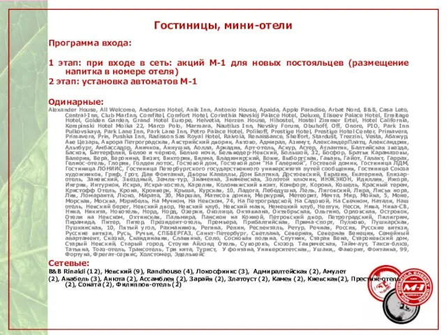 Гостиницы, мини-отели Программа входа: 1 этап: при входе в сеть: акций М-1