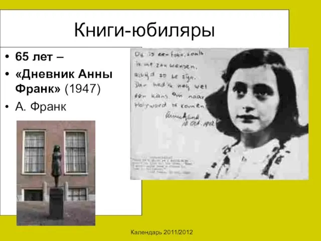 Календарь 2011/2012 Книги-юбиляры 65 лет – «Дневник Анны Франк» (1947) А. Франк