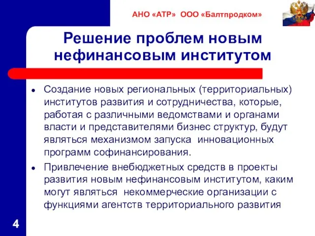 Решение проблем новым нефинансовым институтом Создание новых региональных (территориальных) институтов развития и