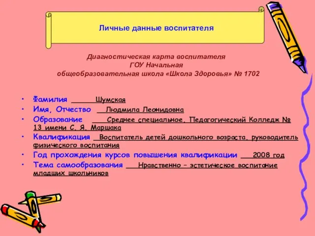 Фамилия Шумская Имя, Отчество Людмила Леонидовна Образование Среднее специальное, Педагогический Колледж №