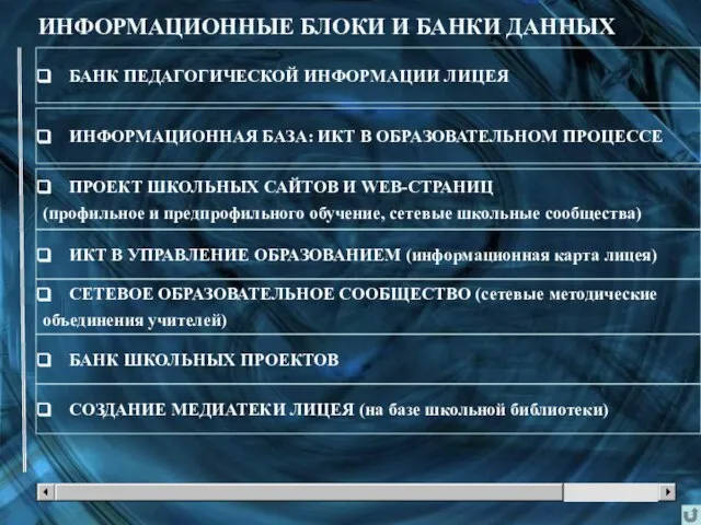 ИНФОРМАЦИОННЫЕ БЛОКИ И БАНКИ ДАННЫХ БАНК ПЕДАГОГИЧЕСКОЙ ИНФОРМАЦИИ ЛИЦЕЯ ИНФОРМАЦИОННАЯ БАЗА: ИКТ