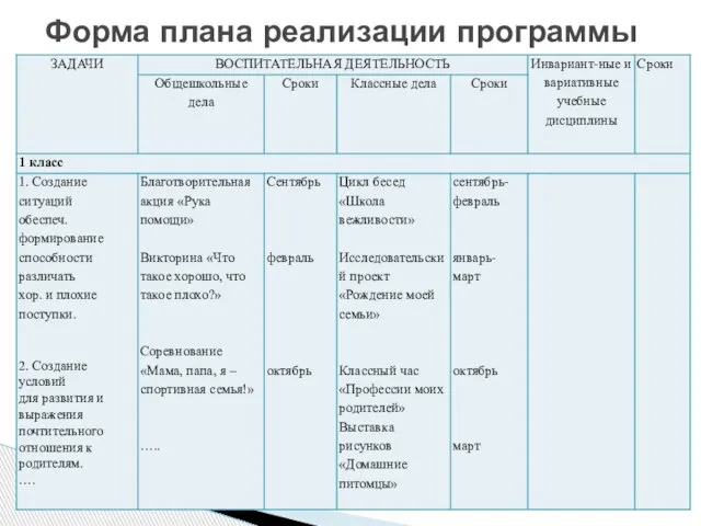 Форма плана реализации программы