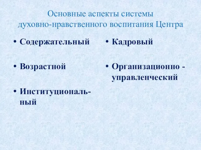 Основные аспекты системы духовно-нравственного воспитания Центра Содержательный Возрастной Институциональ-ный Кадровый Организационно - управленческий