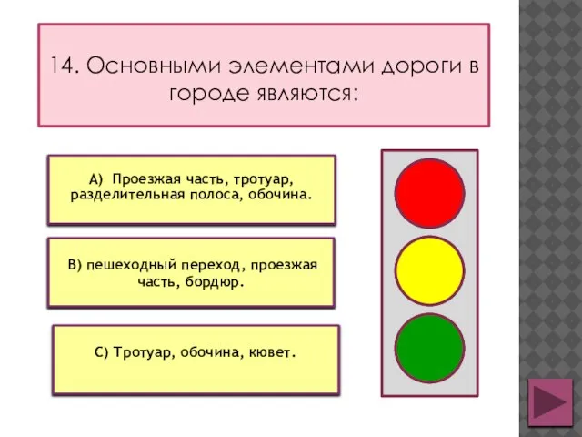 14. Основными элементами дороги в городе являются: С) Тротуар, обочина, кювет. А)