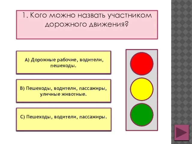 1. Кого можно назвать участником дорожного движения? В) Пешеходы, водители, пассажиры, уличные