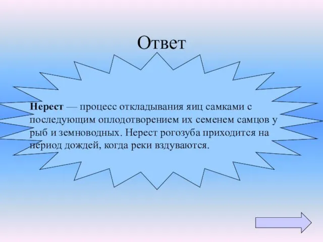 Ответ Нерест — процесс откладывания яиц самками с последующим оплодотворением их семенем