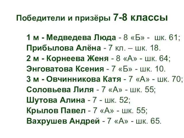 Победители и призёры 7-8 классы 1 м - Медведева Люда - 8