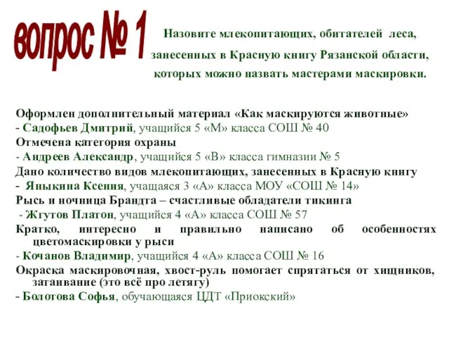 Назовите млекопитающих, обитателей леса, занесенных в Красную книгу Рязанской области, которых можно