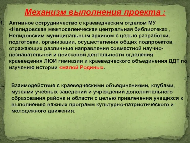 Механизм выполнения проекта : Активное сотрудничество с краеведческим отделом МУ «Нелидовская межпоселенческая