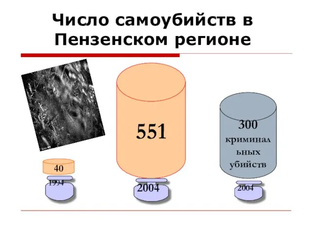 Число самоубийств в Пензенском регионе 40 551 1994 2004 300 криминальных убийств 2004