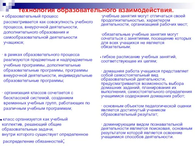 технология образовательного взаимодействия. образовательный процесс рассматривается как совокупность учебного процесса, внеурочной деятельности,