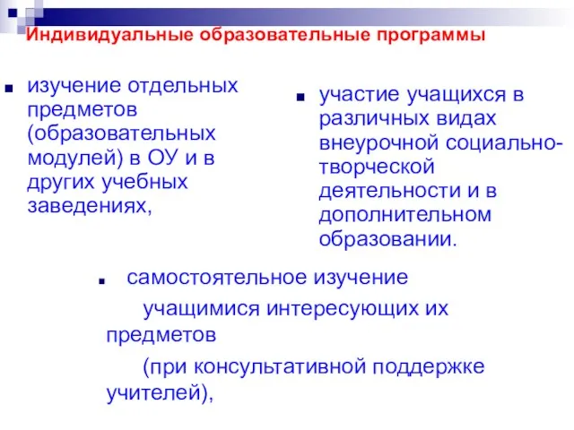 Индивидуальные образовательные программы изучение отдельных предметов (образовательных модулей) в ОУ и в