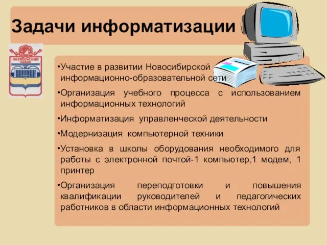 Задачи информатизации Участие в развитии Новосибирской информационно-образовательной сети Организация учебного процесса с