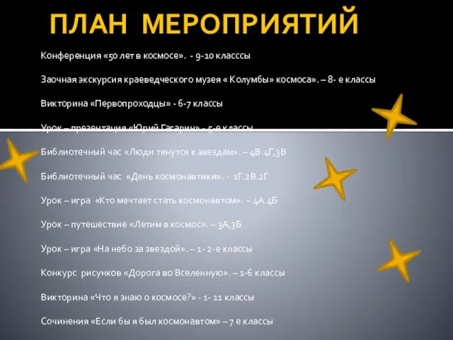 ПЛАН МЕРОПРИЯТИЙ Конференция «50 лет в космосе». - 9-10 класссы Заочная экскурсия