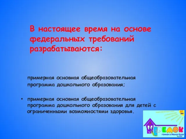 В настоящее время на основе федеральных требований разрабатываются: примерная основная общеобразовательная программа