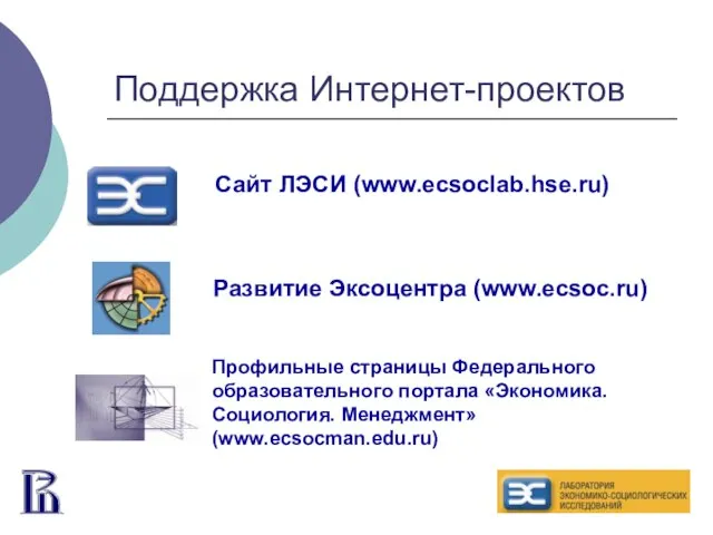 Поддержка Интернет-проектов Сайт ЛЭСИ (www.ecsoclab.hse.ru) Развитие Эксоцентра (www.ecsoc.ru) Профильные страницы Федерального образовательного