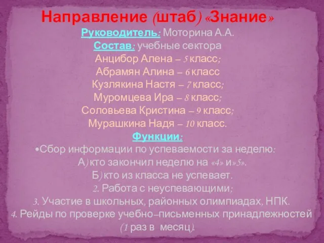 Направление (штаб) «Знание» Руководитель: Моторина А.А. Состав: учебные сектора Анцибор Алена –