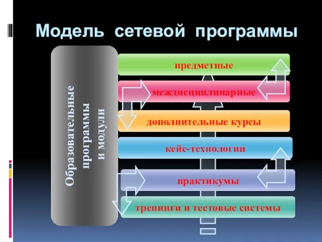 Модель сетевой программы Образовательные программы и модули междисциплинарные предметные кейс-технологии дополнительные курсы