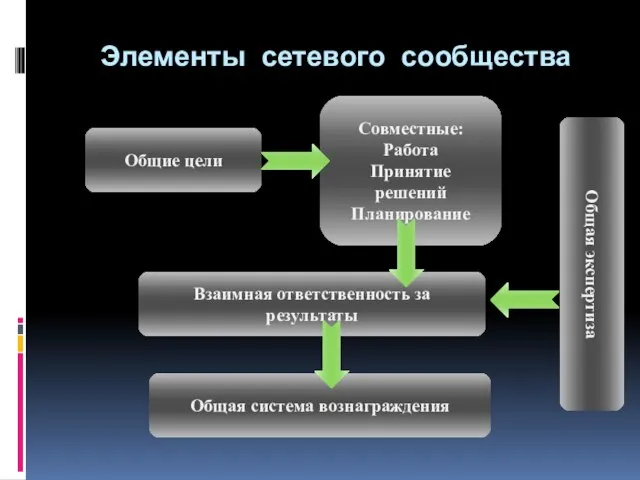 Элементы сетевого сообщества Общие цели Совместные: Работа Принятие решений Планирование Взаимная ответственность