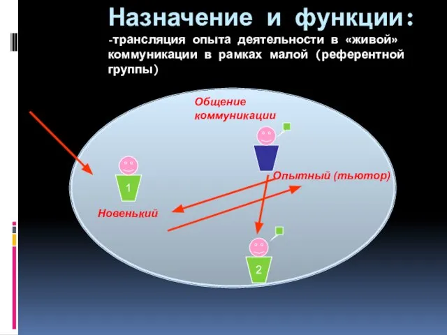 Назначение и функции: -трансляция опыта деятельности в «живой» коммуникации в рамках малой