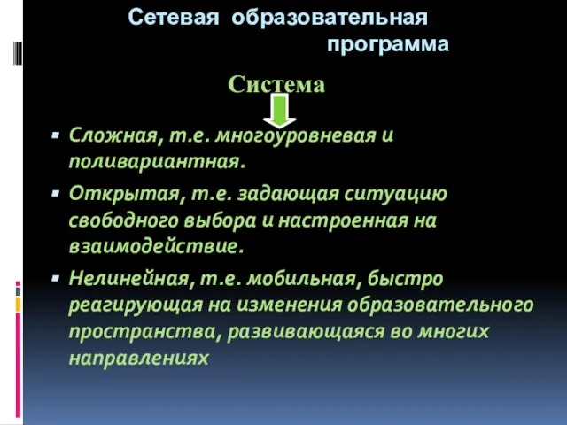 Сетевая образовательная программа Сложная, т.е. многоуровневая и поливариантная. Открытая, т.е. задающая ситуацию