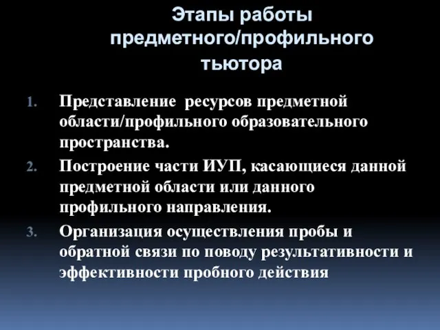 Этапы работы предметного/профильного тьютора Представление ресурсов предметной области/профильного образовательного пространства. Построение части