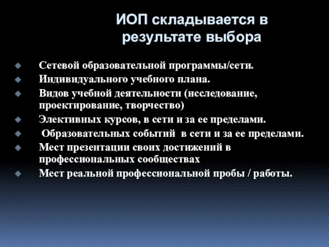 ИОП складывается в результате выбора Сетевой образовательной программы/сети. Индивидуального учебного плана. Видов