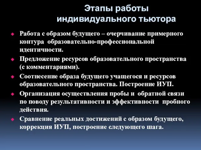 Этапы работы индивидуального тьютора Работа с образом будущего – очерчивание примерного контура