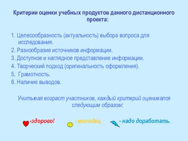 Критерии оценки учебных продуктов данного дистанционного проекта: 1. Целесообразность (актуальность) выбора вопроса