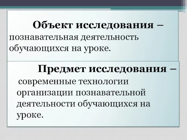 Объект исследования – познавательная деятельность обучающихся на уроке. Предмет исследования – современные