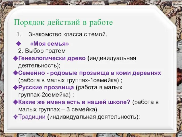 Порядок действий в работе Знакомство класса с темой. «Моя семья» 2. Выбор