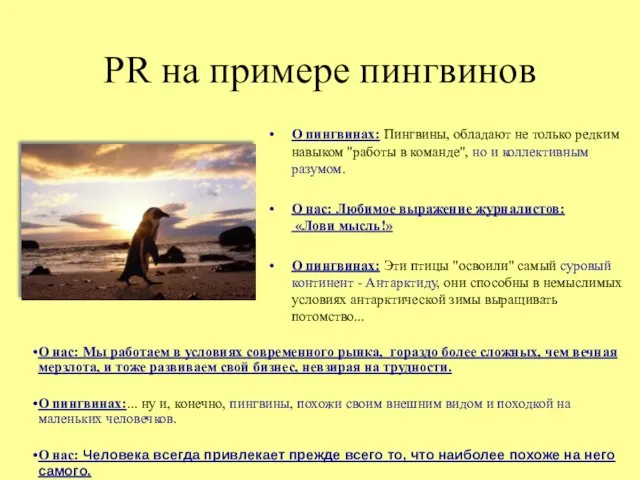 PR на примере пингвинов О пингвинах: Пингвины, обладают не только редким навыком