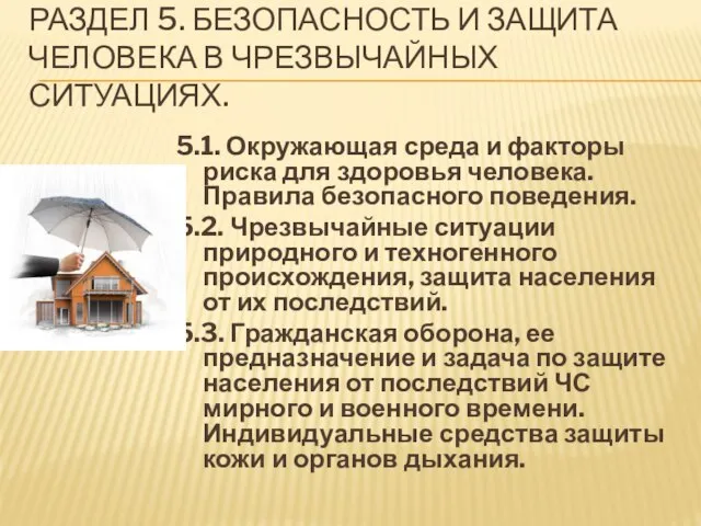 РАЗДЕЛ 5. БЕЗОПАСНОСТЬ И ЗАЩИТА ЧЕЛОВЕКА В ЧРЕЗВЫЧАЙНЫХ СИТУАЦИЯХ. 5.1. Окружающая среда