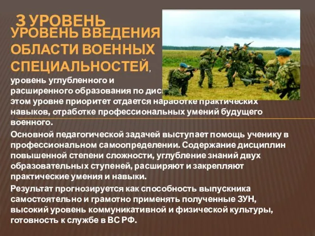 УРОВЕНЬ ВВЕДЕНИЯ В ОБЛАСТИ ВОЕННЫХ СПЕЦИАЛЬНОСТЕЙ, уровень углубленного и расширенного образования по