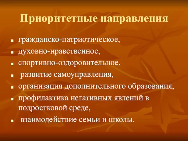 Приоритетные направления гражданско-патриотическое, духовно-нравственное, спортивно-оздоровительное, развитие самоуправления, организация дополнительного образования, профилактика негативных