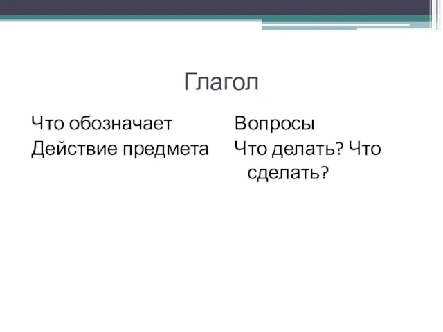 Глагол Что обозначает Действие предмета Вопросы Что делать? Что сделать?