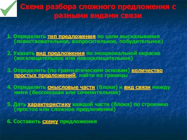 Схема разбора сложного предложения с разными видами связи 1. Определить тип предложения