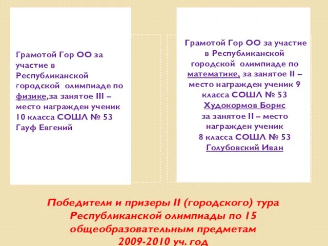 Победители и призеры II (городского) тура Республиканской олимпиады по 15 общеобразовательным предметам