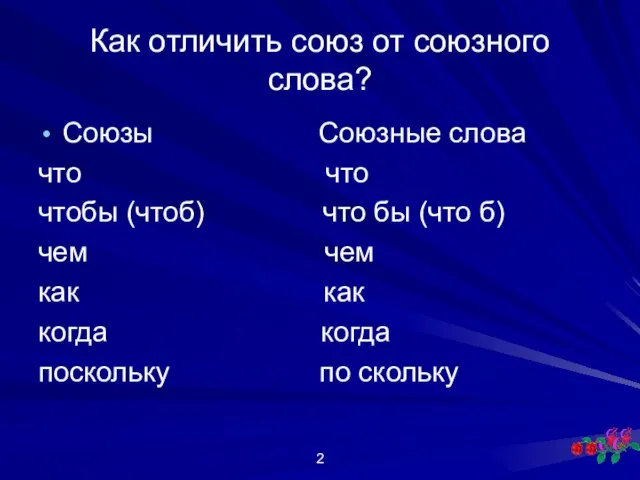 Как отличить союз от союзного слова? Союзы Союзные слова что что чтобы