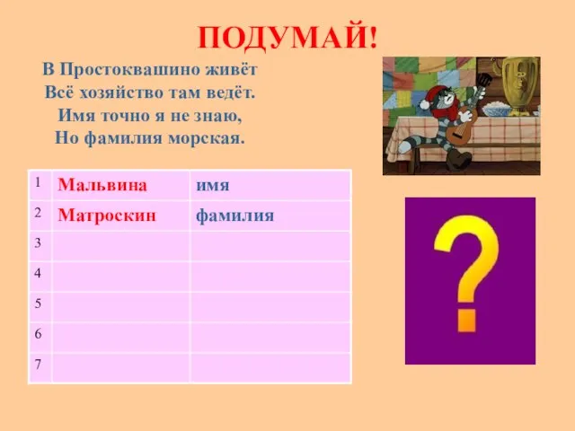 ПОДУМАЙ! В Простоквашино живёт Всё хозяйство там ведёт. Имя точно я не знаю, Но фамилия морская.