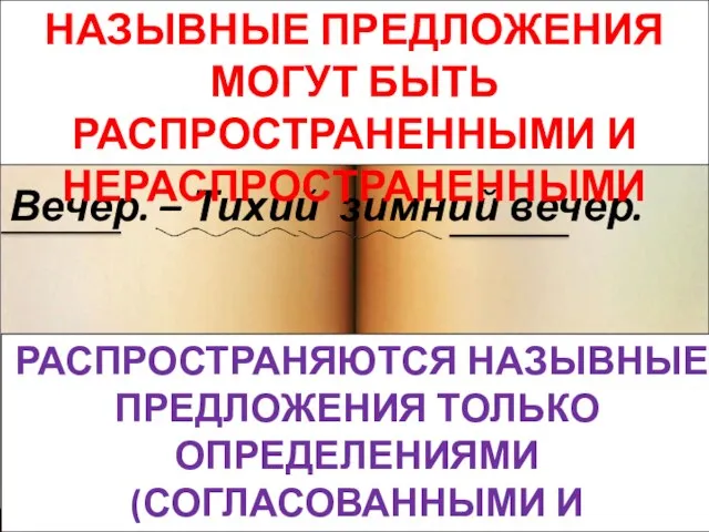 Вечер. – Тихий зимний вечер. НАЗЫВНЫЕ ПРЕДЛОЖЕНИЯ МОГУТ БЫТЬ РАСПРОСТРАНЕННЫМИ И НЕРАСПРОСТРАНЕННЫМИ