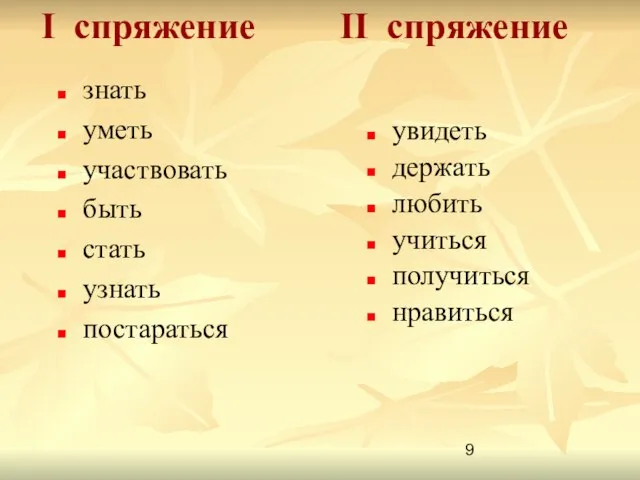 I спряжение II спряжение знать уметь участвовать быть стать узнать постараться увидеть